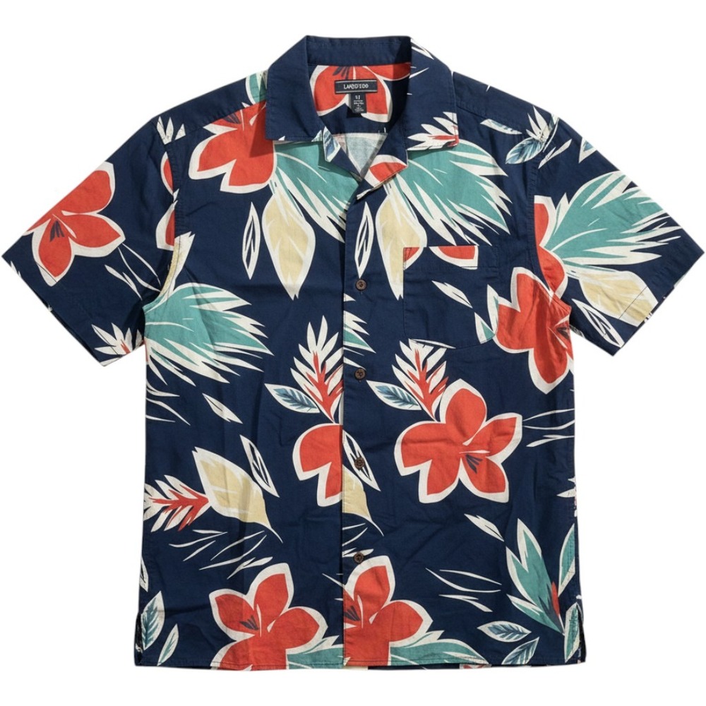 Lands End Mens Floral Hawaiian Camp Shirt Navy Blue Tailored Fit Medium